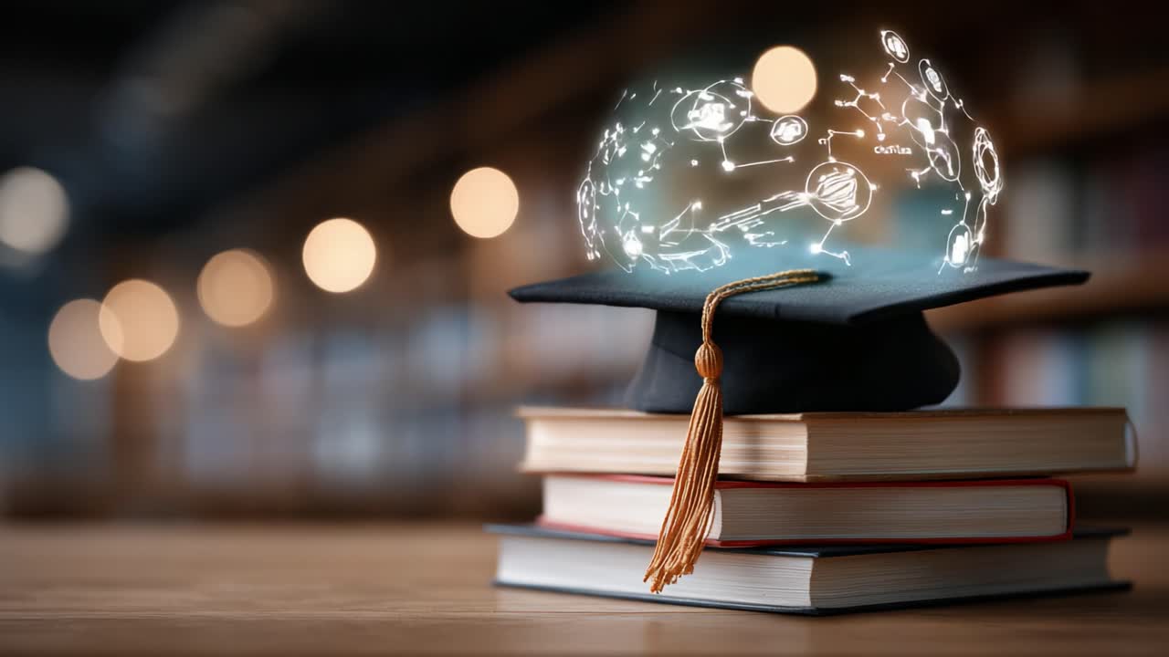 Un cappello da laurea appoggiato su una pila di libri, a simboleggiare la conoscenza e il successo accademico, con icone educative fluttuanti che illustrano diversi temi di apprendimento