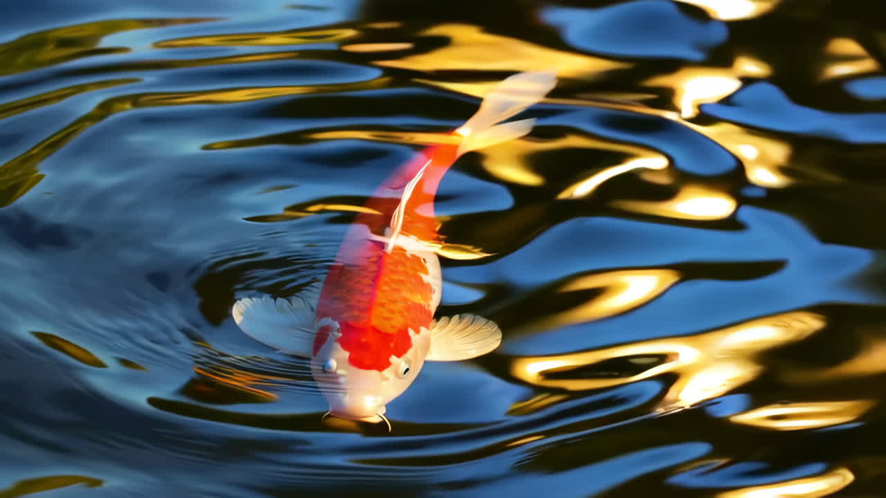 A vibrant koi fish swims gracefully in a shimmering pond