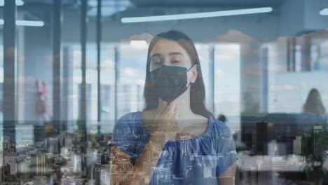 Animation-of-cityscape-over-caucasian-woman-wearing-face-mask-in-office