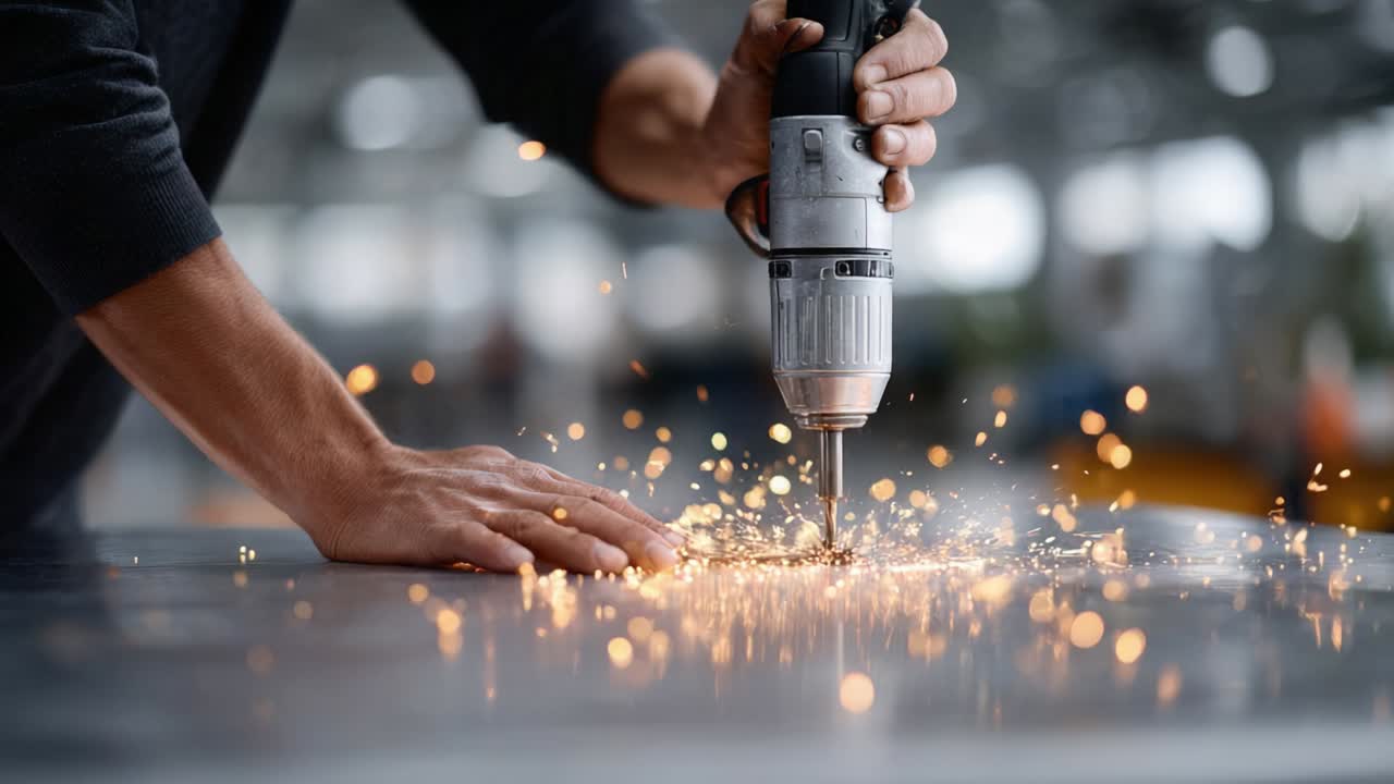 Close-Up of a Craftsman Using a Power Drill, Creating Sparks and Precision on Metal Surface in a Workshop Environment
