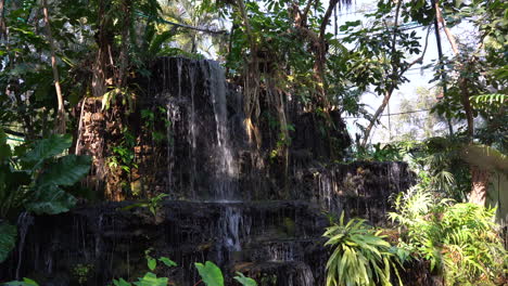 Ein-Kleiner-Künstlicher-Indoor-Wasserfall,-Bei-Dem-Das-Wasser-über-Die-Felsen-Und-Durch-Die-Vielen-Tropischen-Pflanzen-Fällt