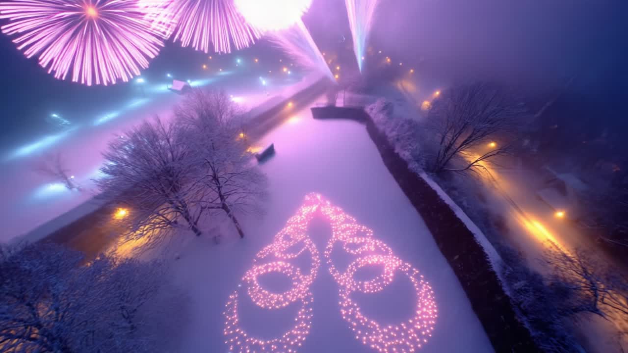 A breathtaking winter celebration featuring vibrant fireworks illuminating a snowy landscape adorned with dazzling lights in the shape of festive ornaments, creating a magical atmosphere and joyous spirit