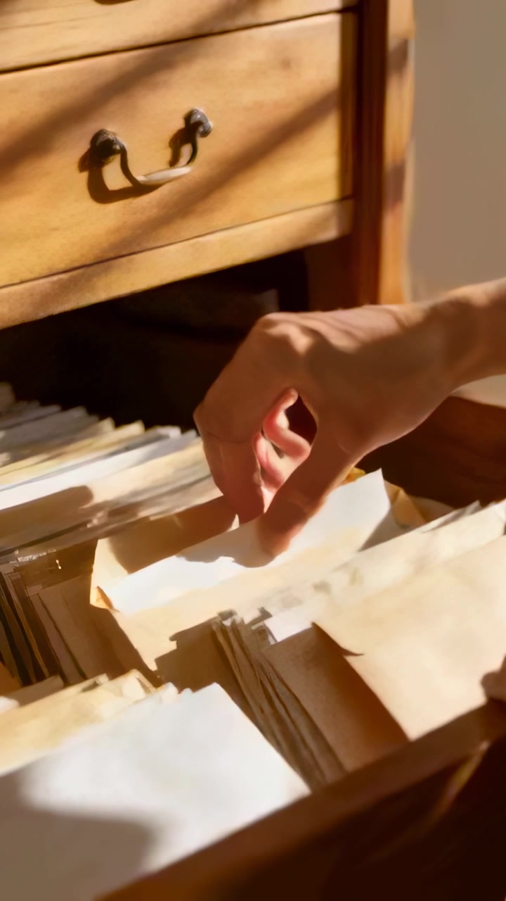 Vertical video: Reaching right hand lifting, sliding cards in wooden drawer, sorting stacks neatly