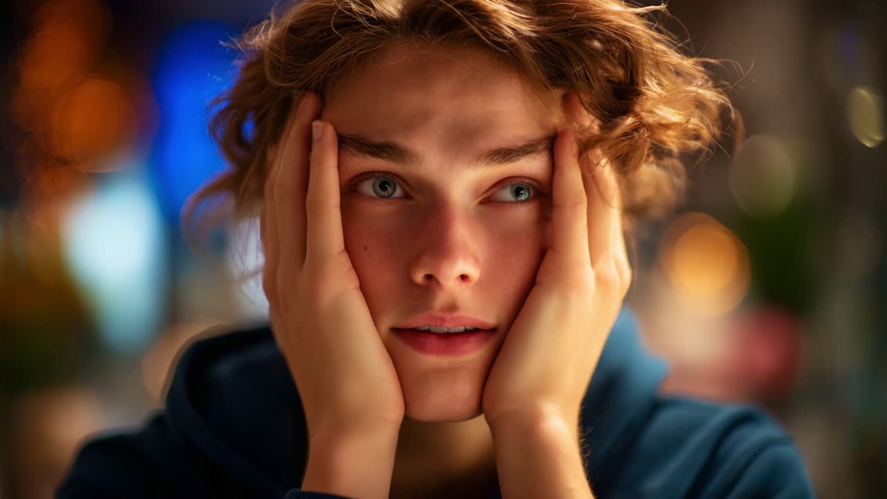 A contemplative young man deeply engaged in thought, showcasing a moment of introspection with a backdrop of soft bokeh lights creating an atmospheric feel