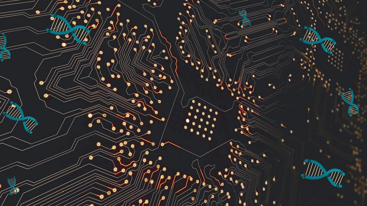 Animation of dna strands over computer circuit board on black background