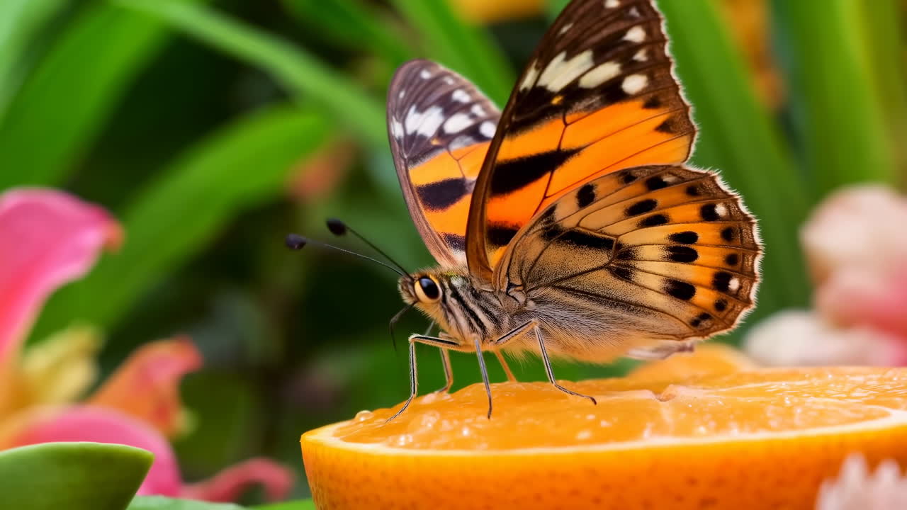 Primo piano di farfalla arancione su fetta d'arancia che sorseggia nettare tra fiori rosa, motivi alari vivaci, luce calda.