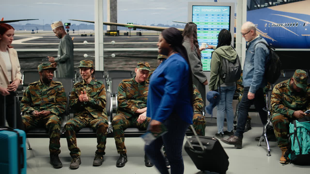 Multiethnic army soldiers sitting on airport lounge chairs chatting