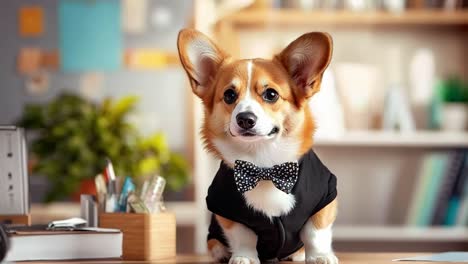 a dog wearing a bow tie sitting on a desk