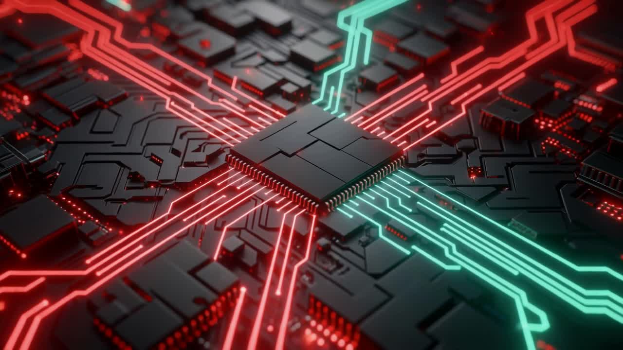 Digital Computer Chip with Glowing Data Lines on Circuit Board
