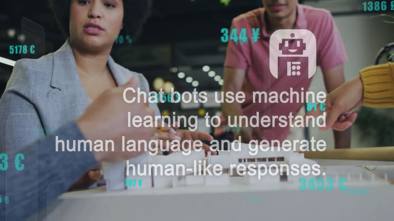 다양한 동료들이 사무실에서 일을 논의하는 데이터 처리 및 ai 아이콘의 애니메이션