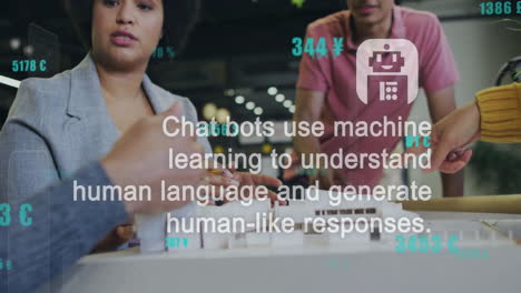 animación de procesamiento de datos e íconos de ai sobre diversos colegas discutiendo el trabajo en la oficina