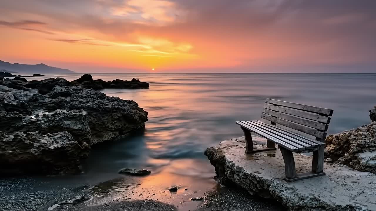 Okyanus kenarında bir kayanın üzerinde duran tahta bir bank.