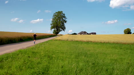 Man-jogs-on-country-road-surrounded-by-lush-countryside-farm-land,-aerial-slomo