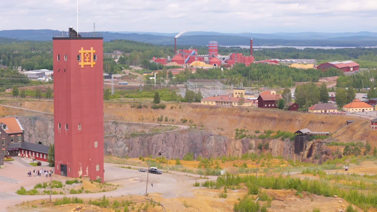 Drone view of historic Falun Copper Mine buildings turned into a museum, Dalarna