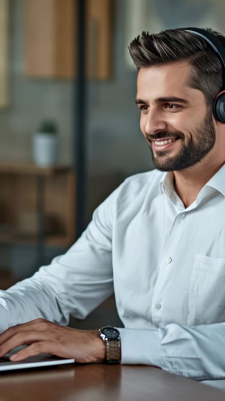 Vertical video: Answering call man greeting client while typing in office, with laptop headset