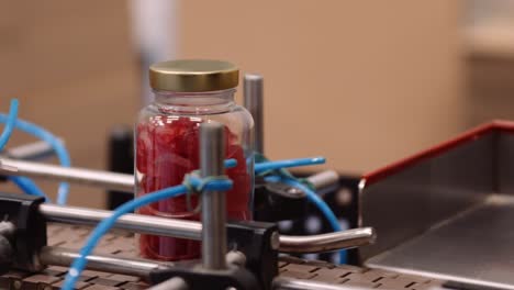 Clear-bottles-filled-with-multivitamin-supplements-on-conveyor-belt,-close-up