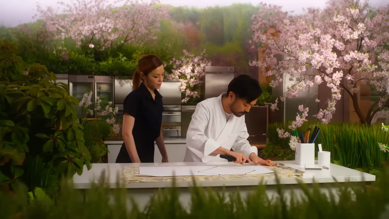 Chef and Assistant Meticulously Crafting in a Cherry Blossom Environment