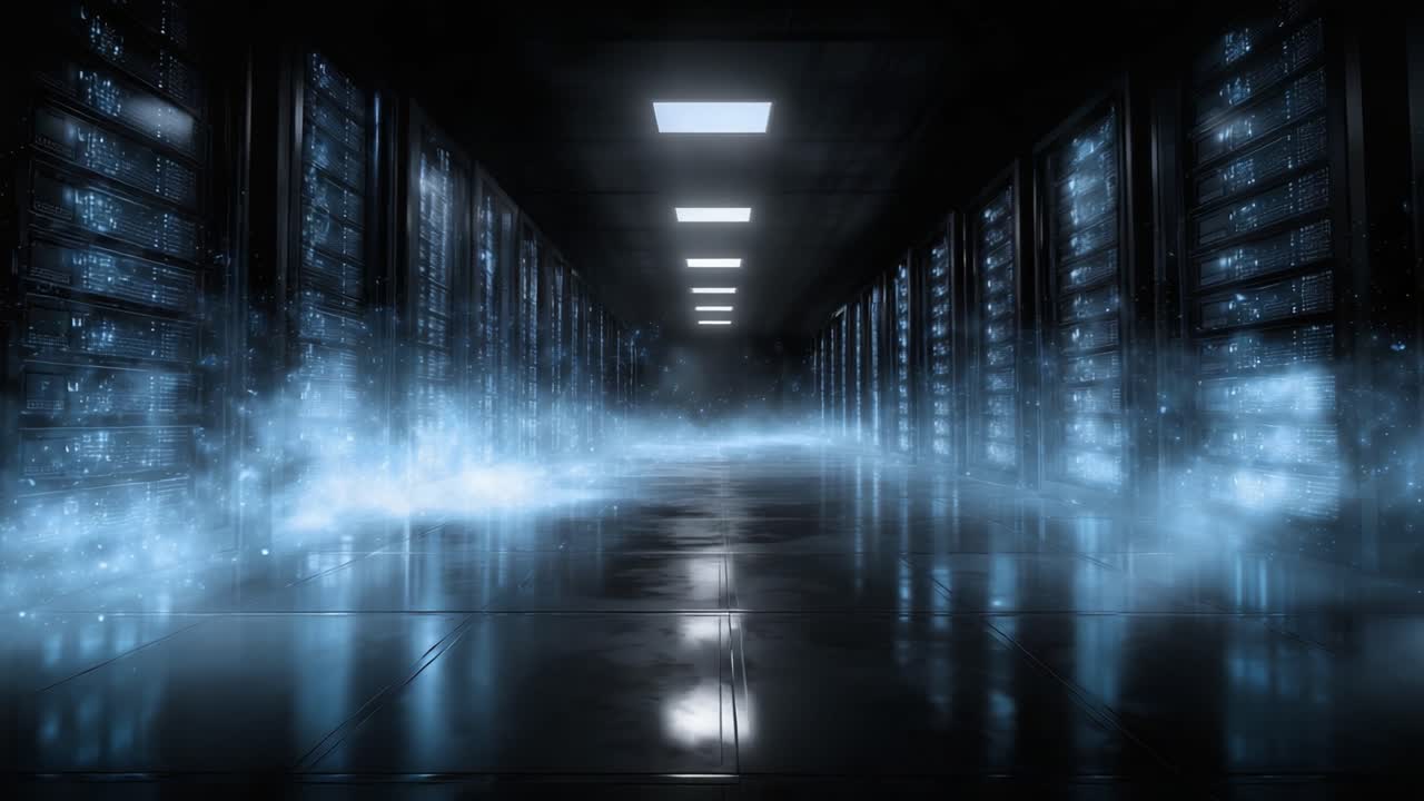 Een mystieke technologiecorridor: het verkennen van een etherische serverruimte met gloeiende schappen en een enigmatische sfeer, versterkt door slierten mist en omgevingslicht.