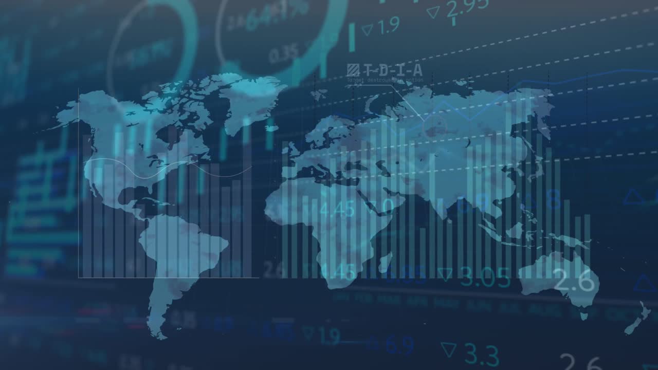 Animation of stock market data processing over world map against aerial view of cityscape