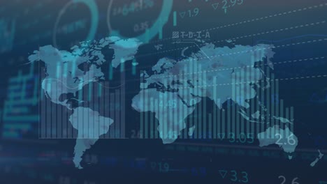 animation of stock market data processing over world map against aerial view of cityscape