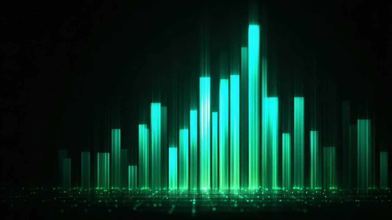 Fluctuating green light bars of a digital audio spectrum analyzer or futuristic data chart moving up and down against a dark background, representing sound waves, music, or financial data