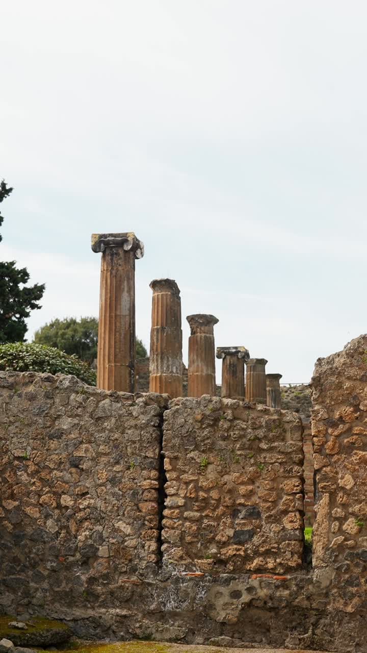 Veduta verticale di una rovina di cortile di Pompei con alte colonne romane che si ergono dietro muri in pietra e un'area centrale aperta, rivelando la disposizione di un antico spazio giardino a peristilio.