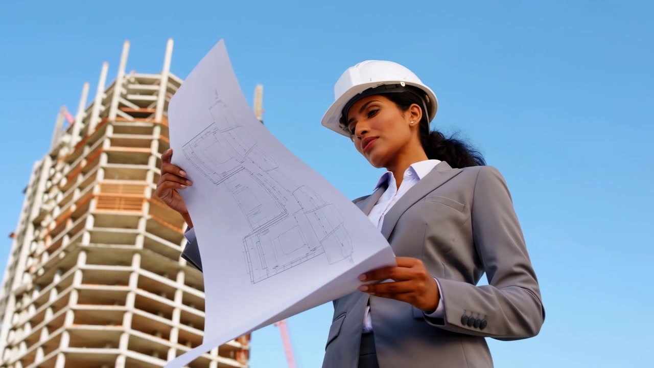 Arquitecta con casco blanco examina un gran plano en una obra activa mientras un rascacielos en construcción se eleva detrás de ella, mostrando planificación, inspección, coordinación y progreso.