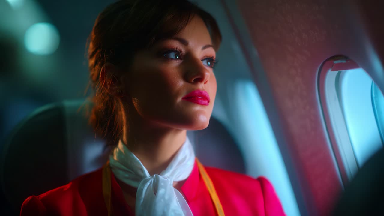 Astonishingly Poised Flight Attendant Gazes Out of Window, Capturing the Essence of Air Travel with a Captivating Expression Amidst a Colorful Interior Environment of an Airplane Cabin