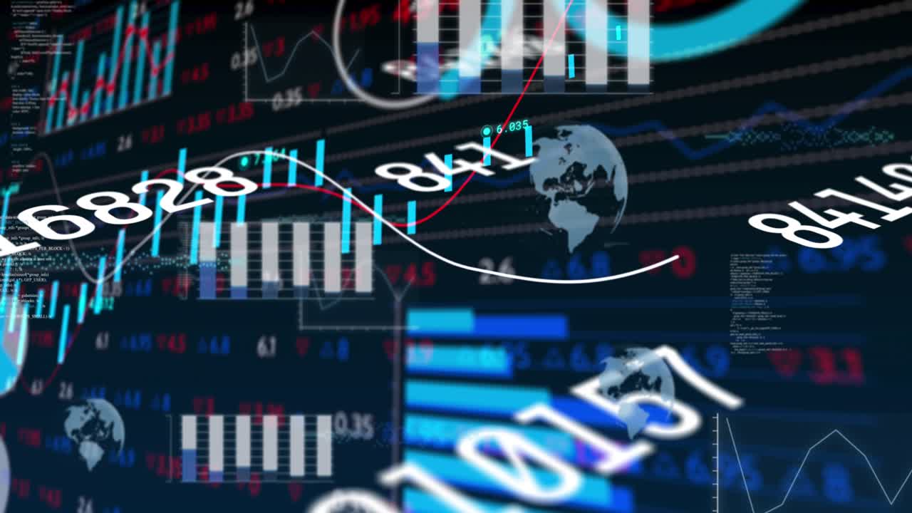Animation of multiple changing numbers over stock market data processing against black background