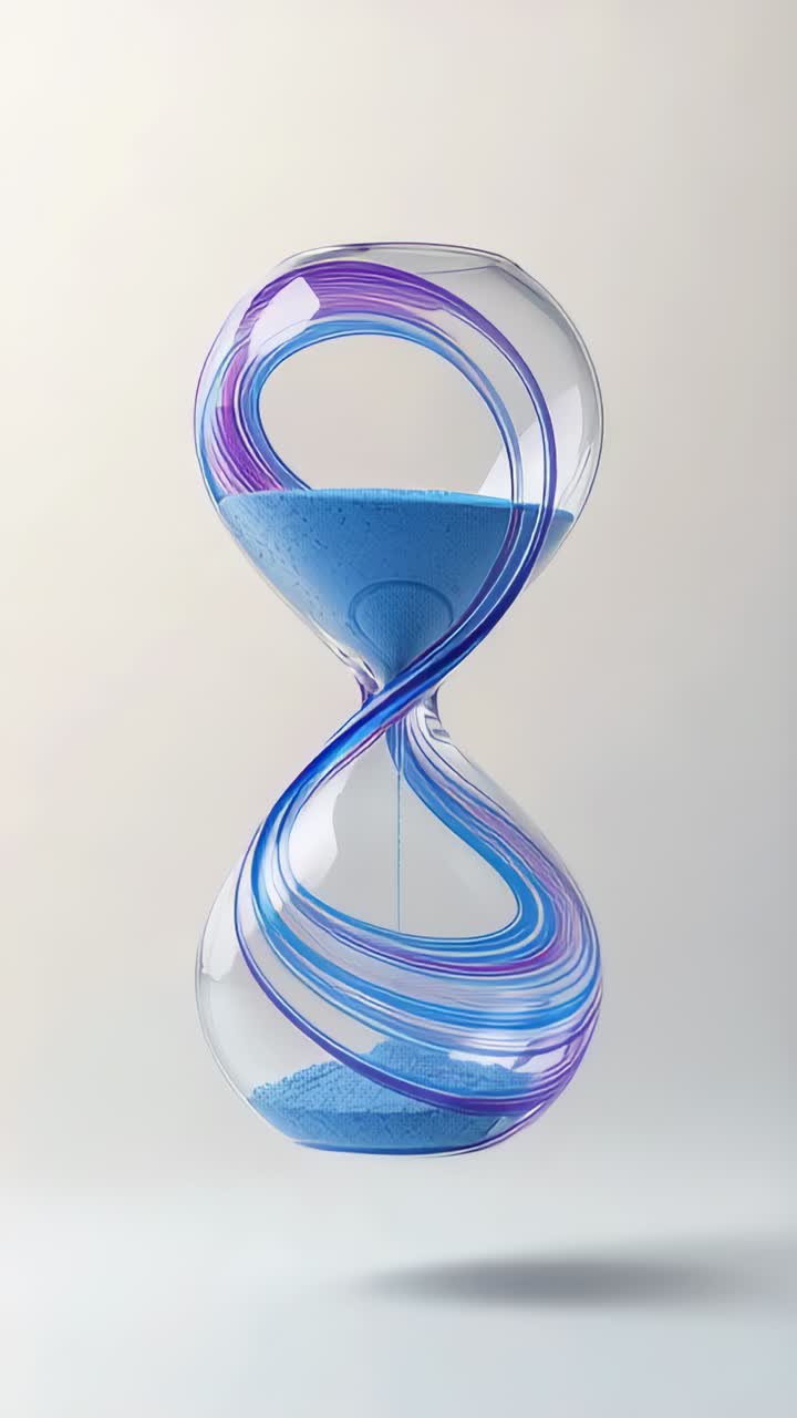 Vertical video: Gravity hourglass pouring blue sand through neck at studio purple ribbons timing