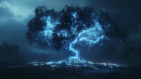 night-lit electric tree. a striking tree emits blue light during a stormy night, showcasing a blend of nature and technology under dark clouds.