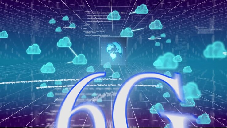 Animation of cloud icons and data processing over 6g text