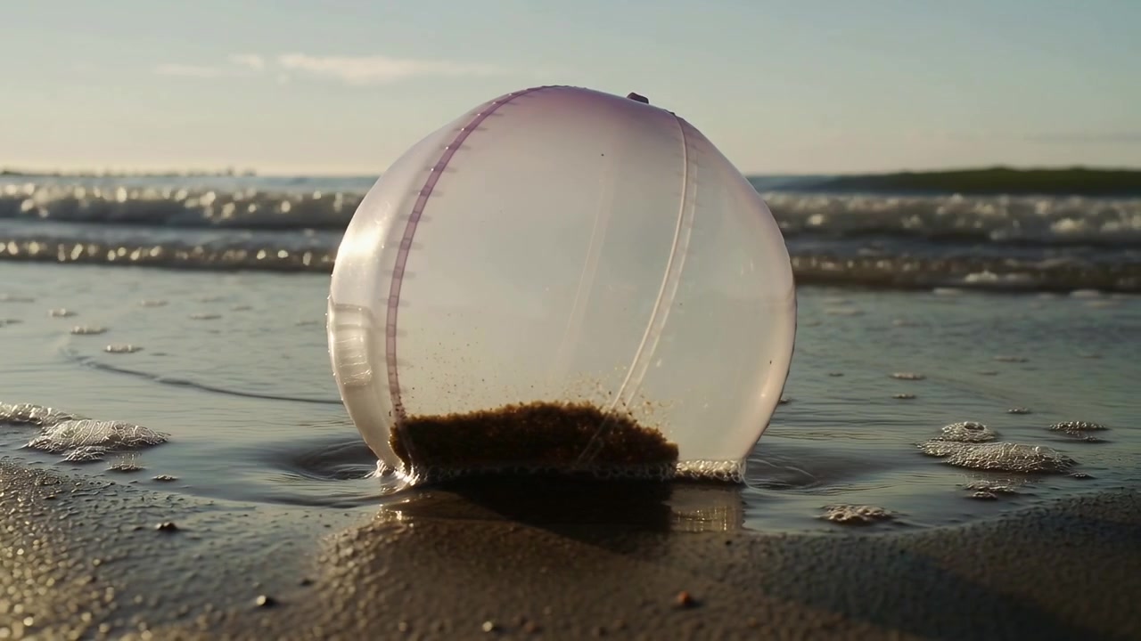Incoming tide nudging transparent inflatable ball with seam, valve at shoreline