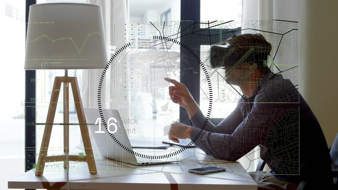 Man putting on VR headset, activating AR HUD over laptop, manipulating dials and analyzing stock