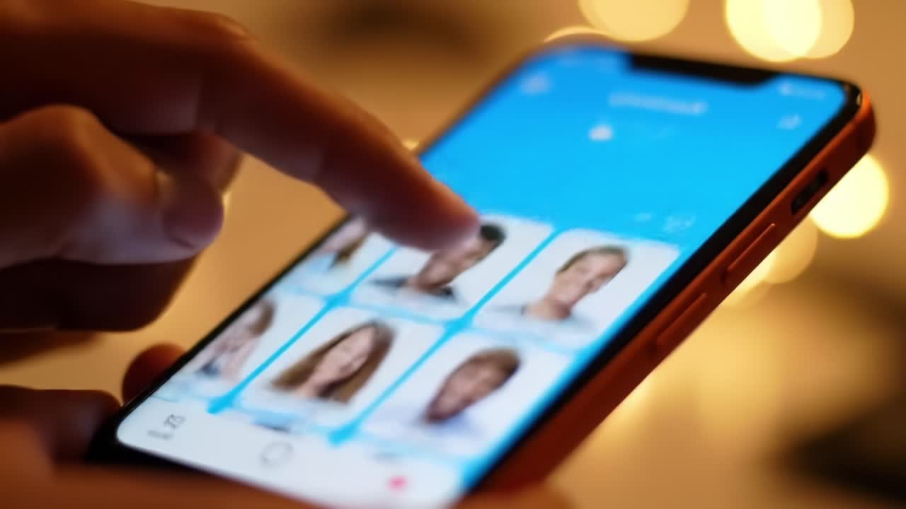 A Close-Up of a Person Interacting with a Mobile App Featuring Profiles and User Selection on a Vibrant Screen with Blurred Lights in the Background