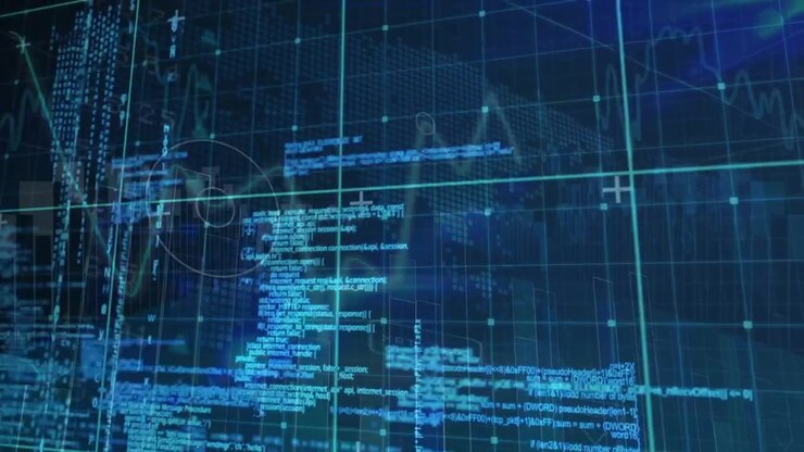 Digital Data Streams and Programming Code Overlays on Dark Background