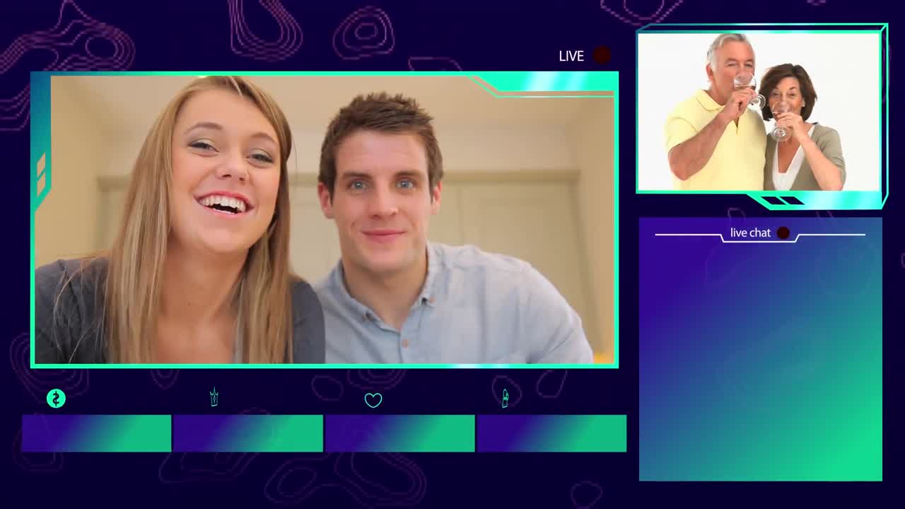 animación de una pareja caucásica teniendo una reunión en línea con una pareja mayor con marcos azules.