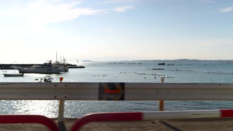 fishing boats in a sunny bay with distant coastline
