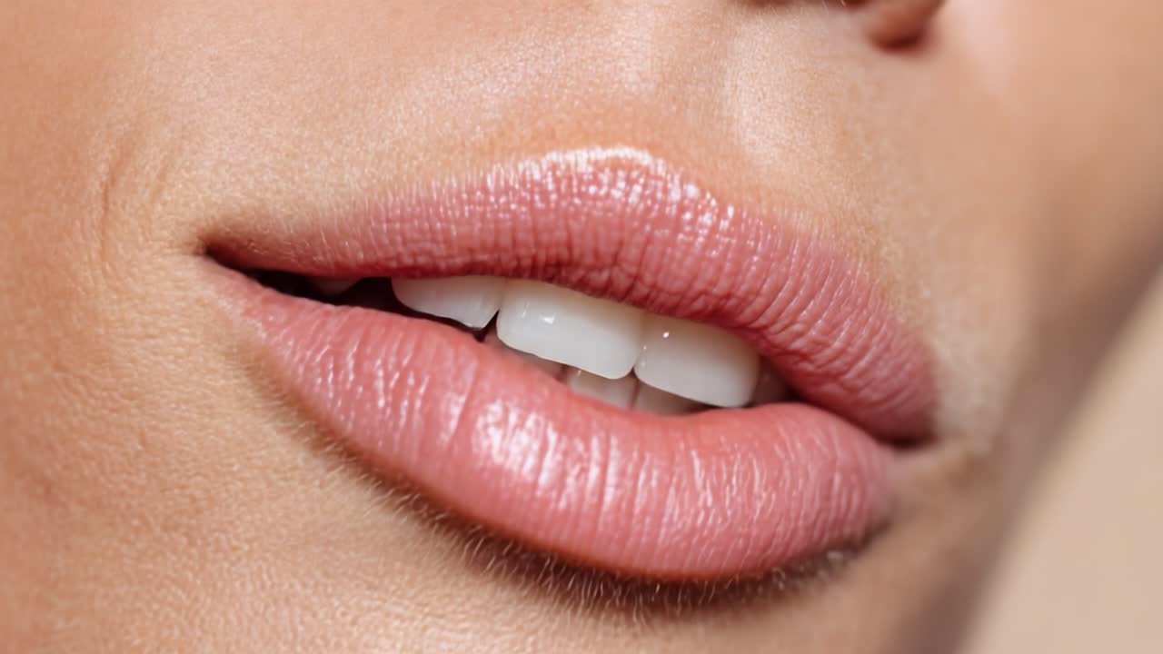 Close-up cativante de um sorriso radiante destacando dentes perfeitamente brancos e lábios suaves com um acabamento de brilho sutil