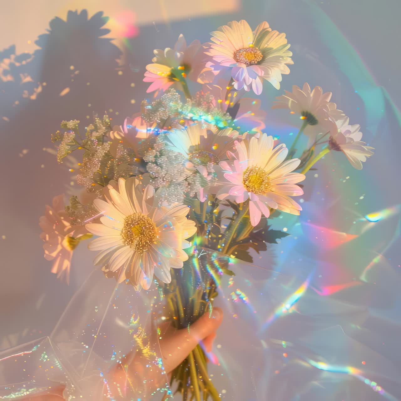 A dreamy, ethereal video concept featuring daisies with rainbow light effects