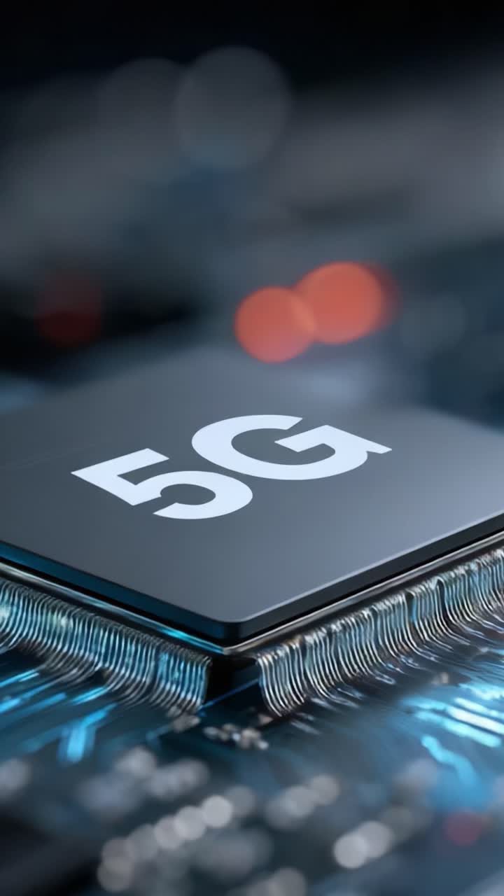Primo piano di un chip processore 5G, che mette in evidenza la tecnologia avanzata e le funzionalità di connettività utilizzate nelle moderne telecomunicazioni e dispositivi