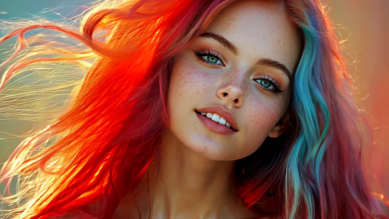 A woman with red, blue and green hair is smiling. The image has a bright and cheerful mood
