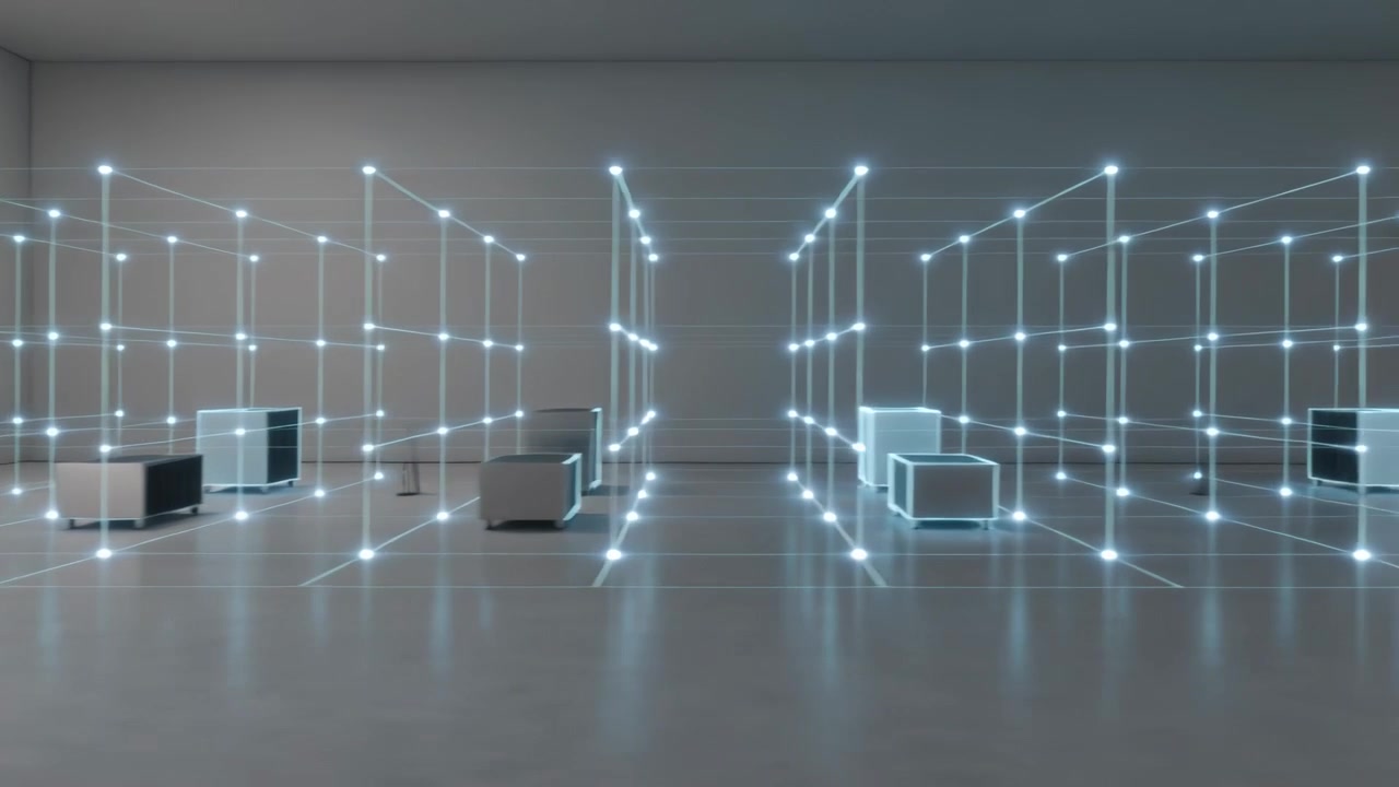 Aktivering af lys, en installation danner tre lysende kube-formationer i et galleri, der fremhæver bænke.