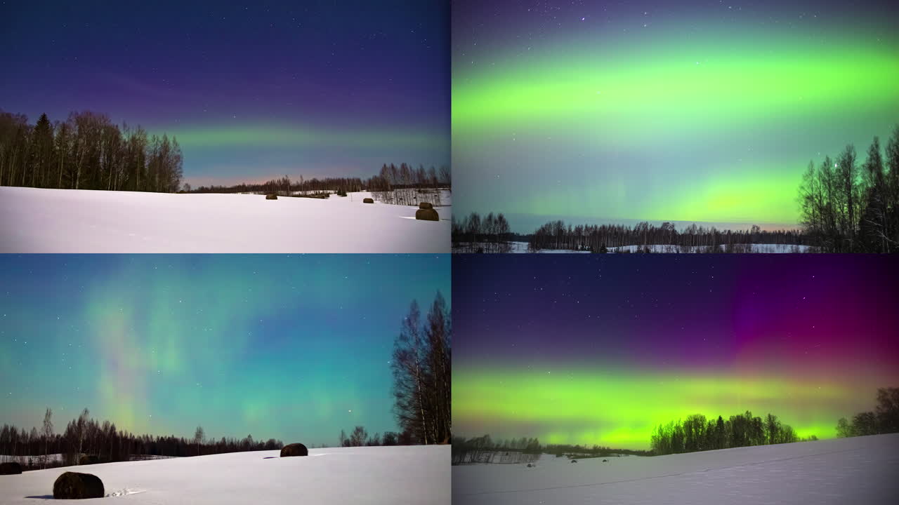 disparo de cuatro pantalla dividida a lo largo del campo de invierno en timelapse sobre tierras de cultivo cubiertas de nieve con aurora boreal sobre el cielo azul en el fondo