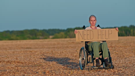 woman in wheelchair asking for help in a field