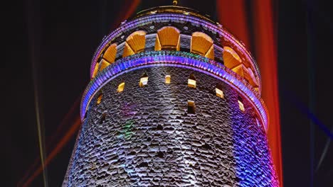 powerful light beams illuminating the ancient galata tower in istanbul, turkey, create a magical atmosphere, transforming the night into a vibrant spectacle of color and history