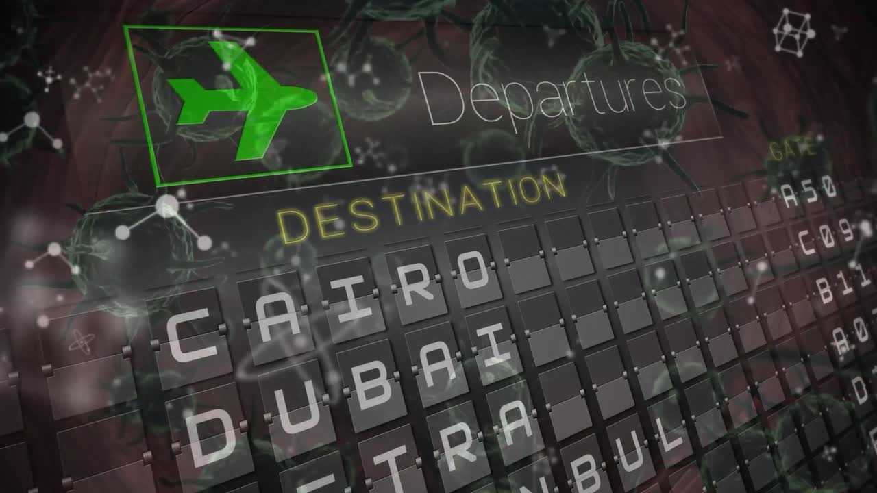 코로나19 세포와 분자 구조에 대한 공항 정보 보드