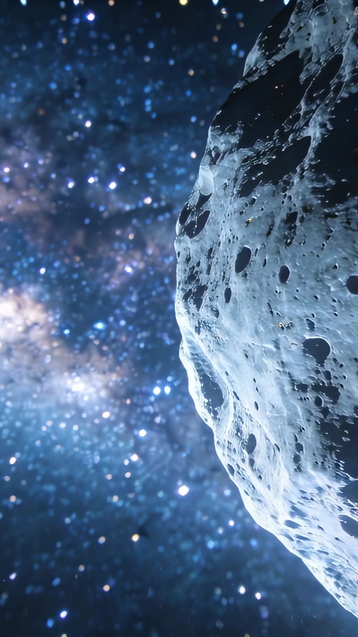 Vertical video: Camera panning pitted asteroid rotating with Milky Way, showing craters, copy space