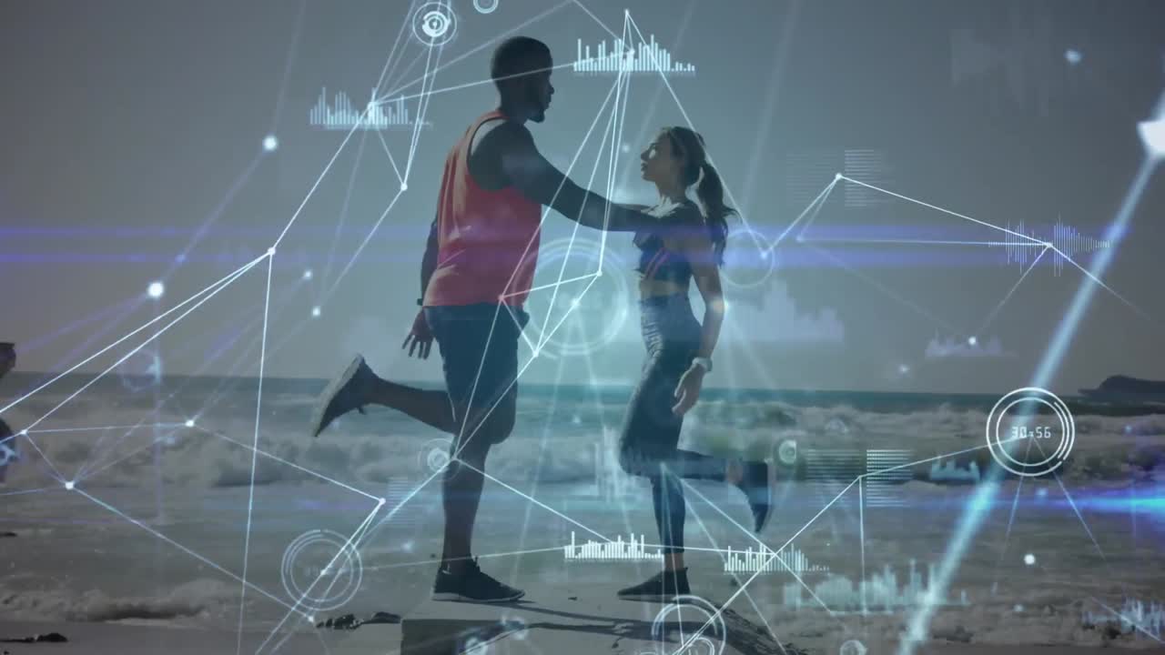 animación de la red de conexiones sobre mujeres y hombres que hacen ejercicio al aire libre