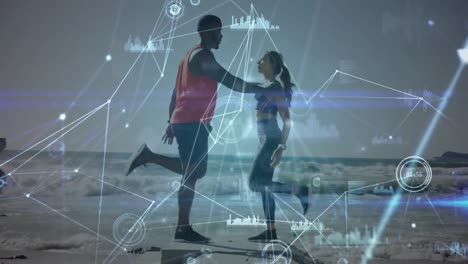 Animation-of-network-of-connections-over-woman-and-man-exercising-outdoors